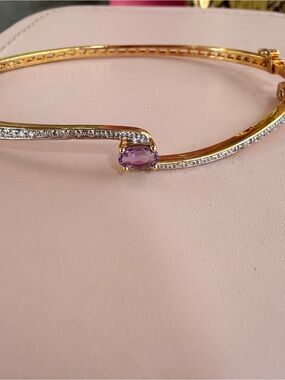 PAJ 18K Gold Plated Genuine Amethyst & Diamond Bangle Bracelet
